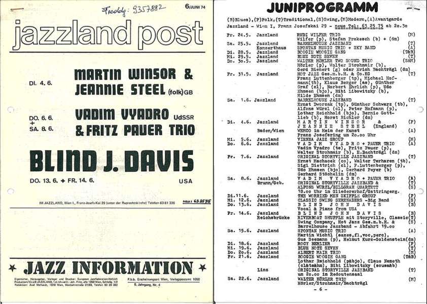 Jazzland Programm-Cover 06/1974